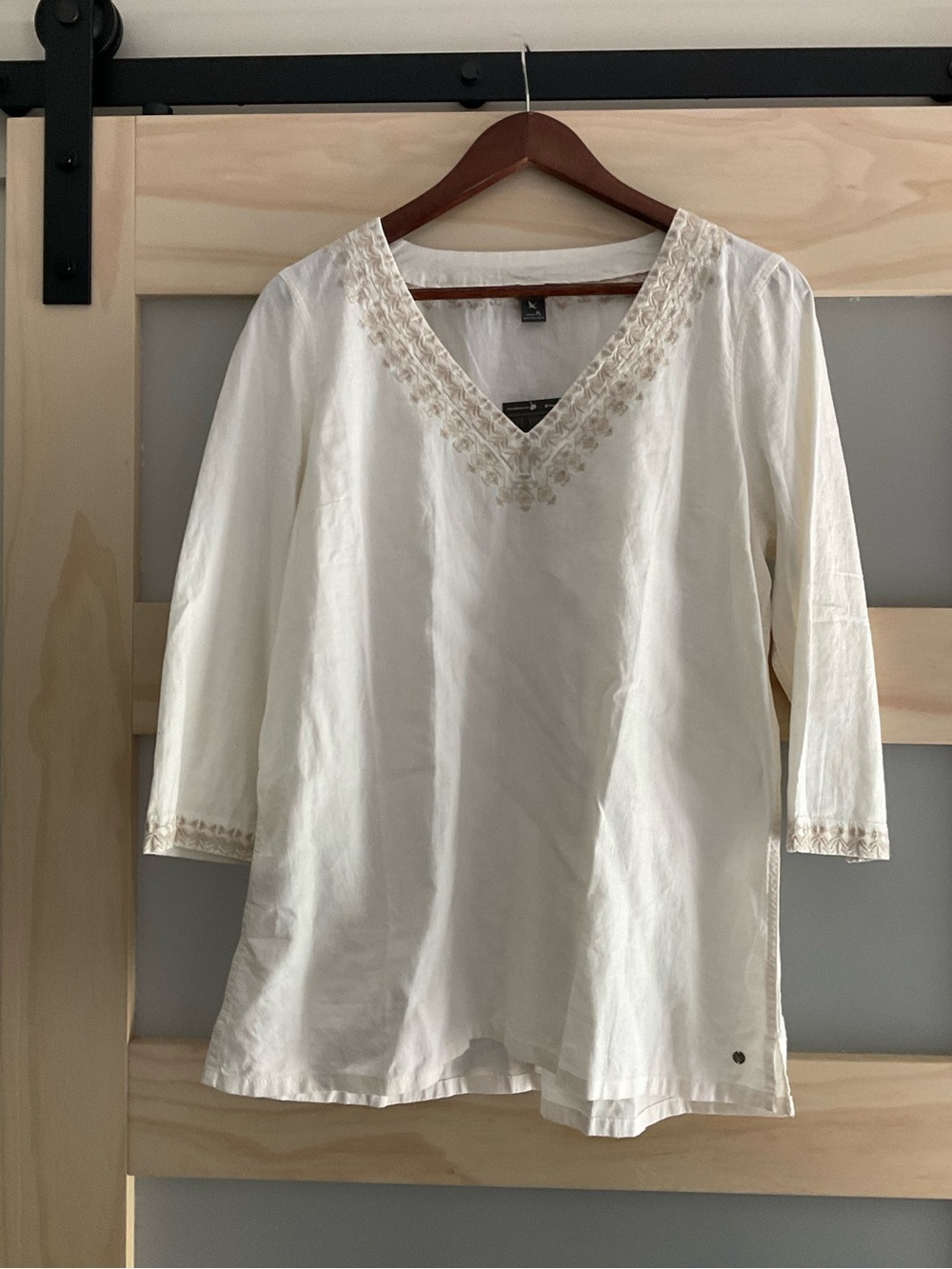 Eddie Bauer Linen Blend Embroidered Tunic Blouse PL Boho 3/4 Sleeve White